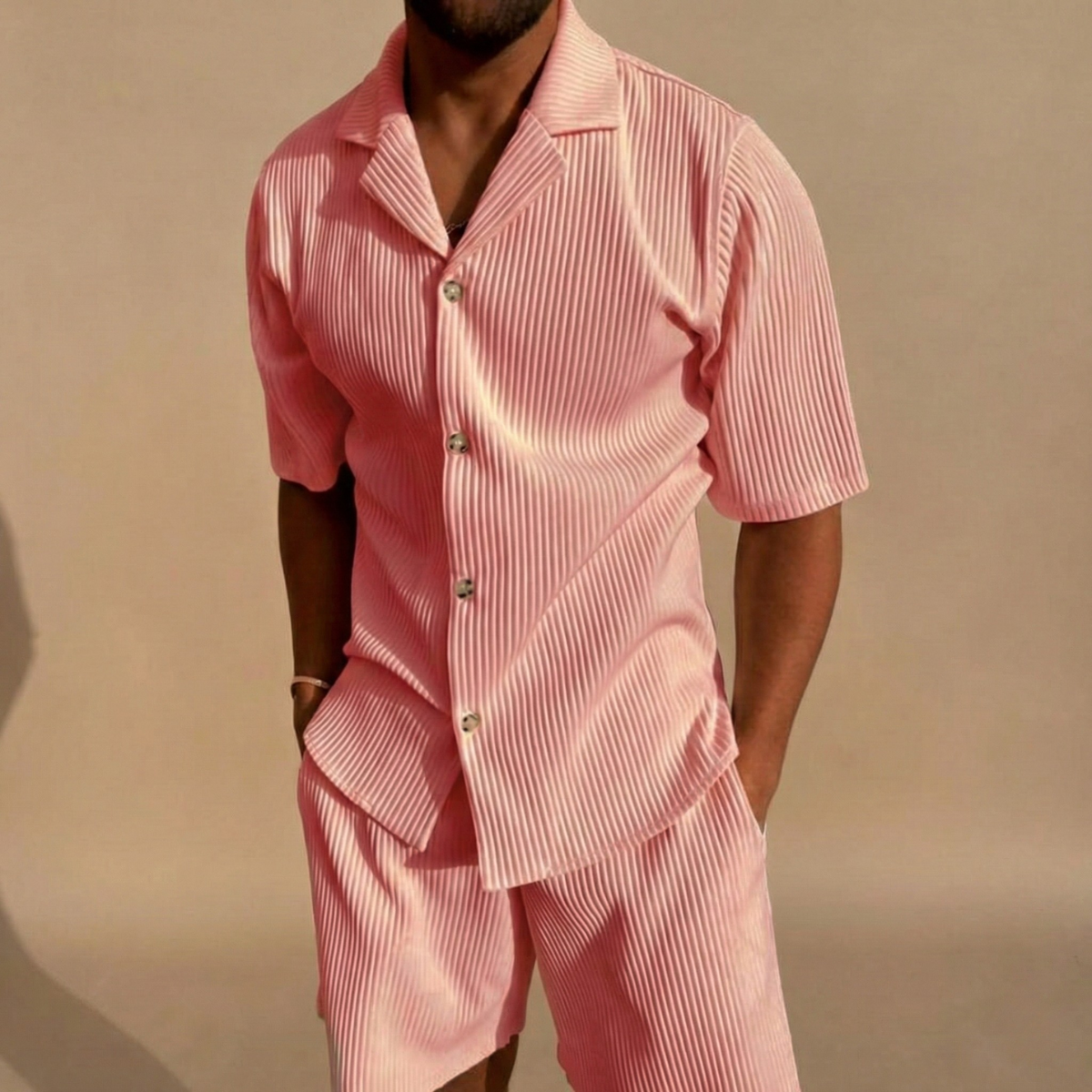 Men’s Two-Piece Set with Short Sleeve Button-Up Shirt and Matching Shorts