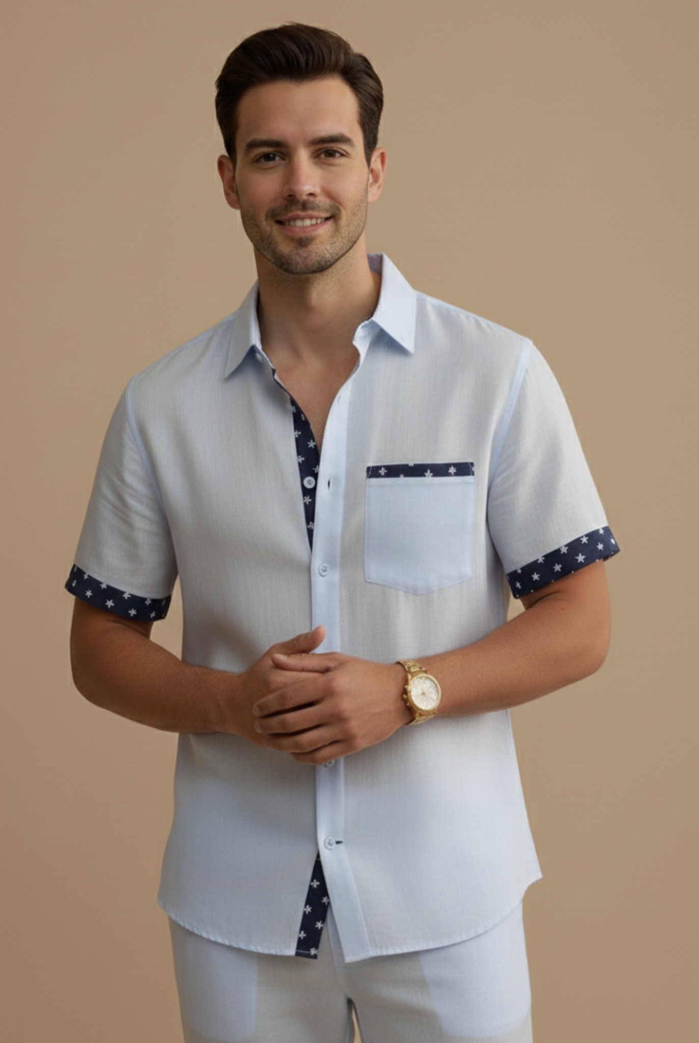 Men’s Short Sleeve Button-Up Shirt with Contrast Trim Details