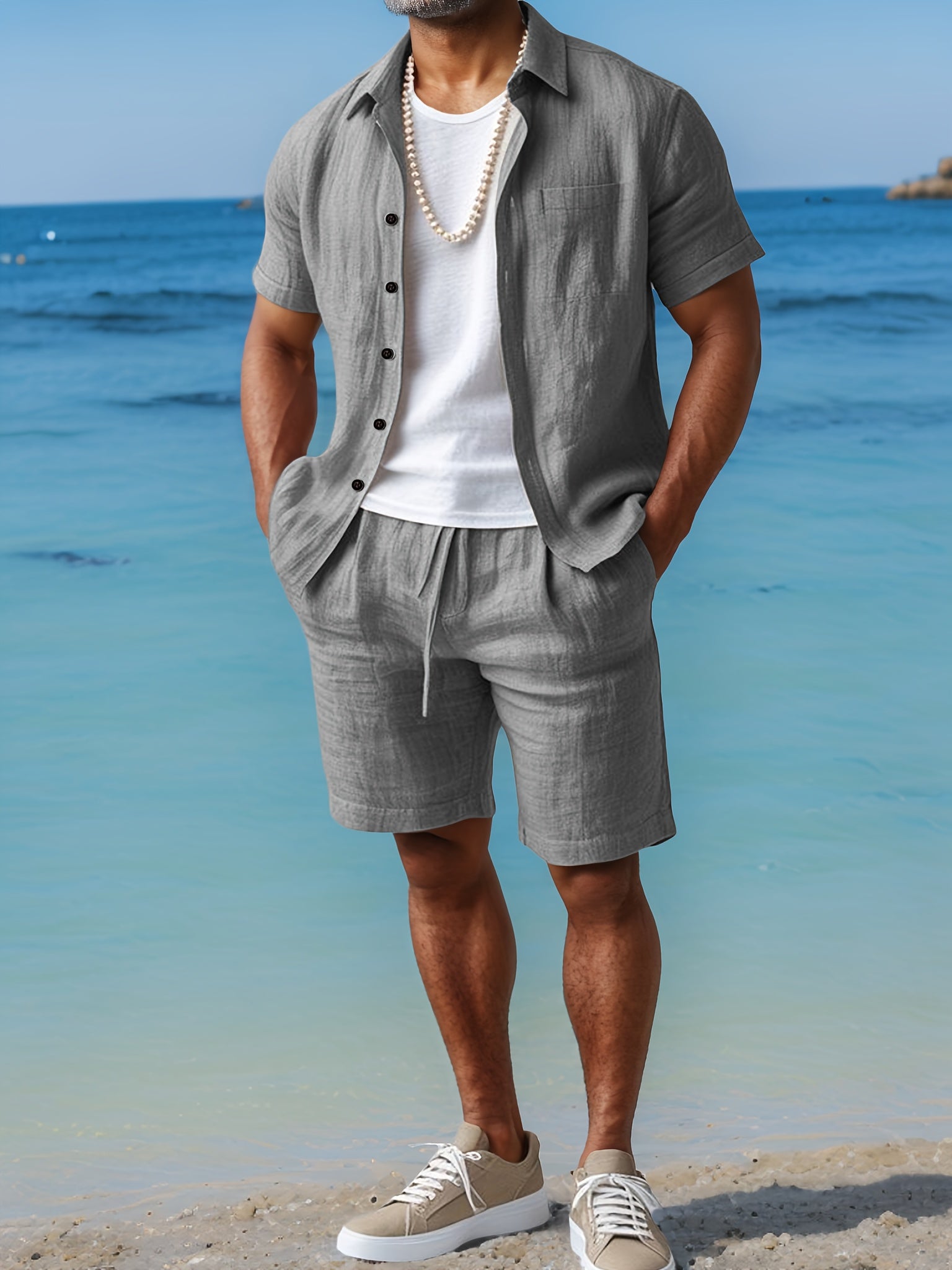 Men's Linen Short Sleeve Button Up Shirt - Drawstring Shorts Set