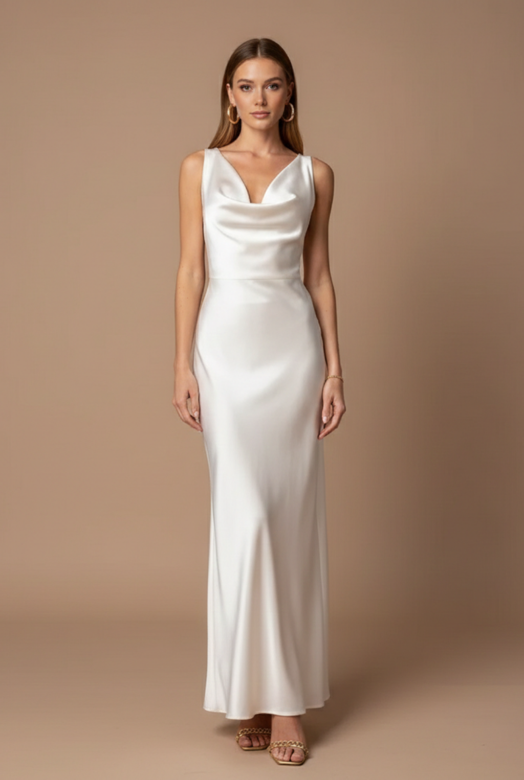 Women’s Sleeveless V-Neck Maxi Dress with Draped Neckline – Elegant Evening Silhouette