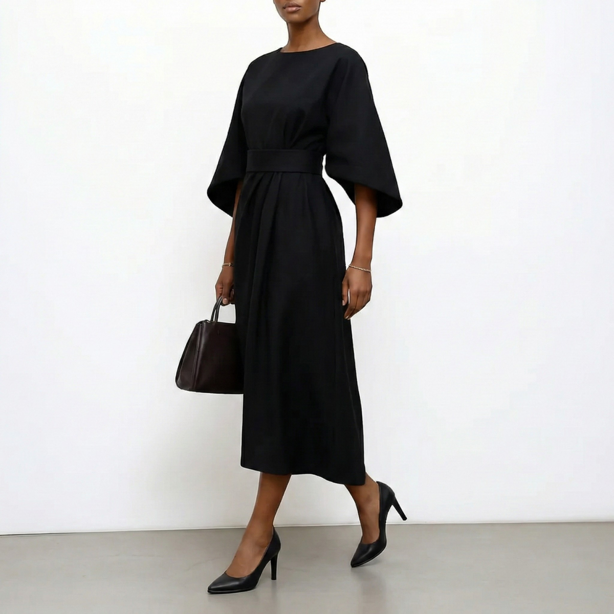 Women’s Batwing Sleeve Maxi Dress with Round Neck and Waist Belt