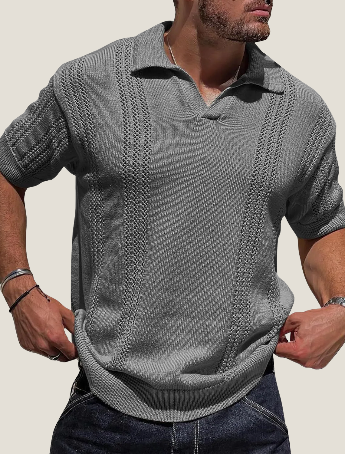 Pull polo en tricot texturé à manches courtes pour hommes