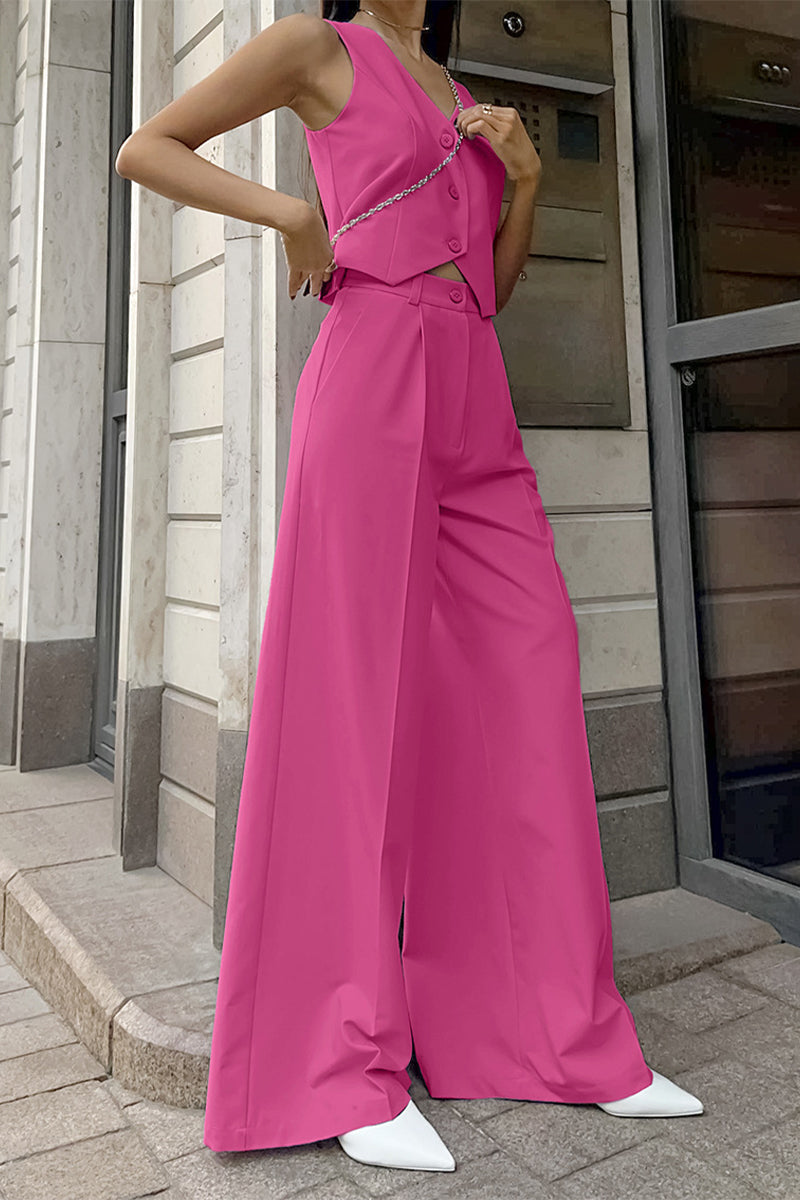 Women's Two Piece Set Button Front Sleeveless Vest - Wide Leg Pants
