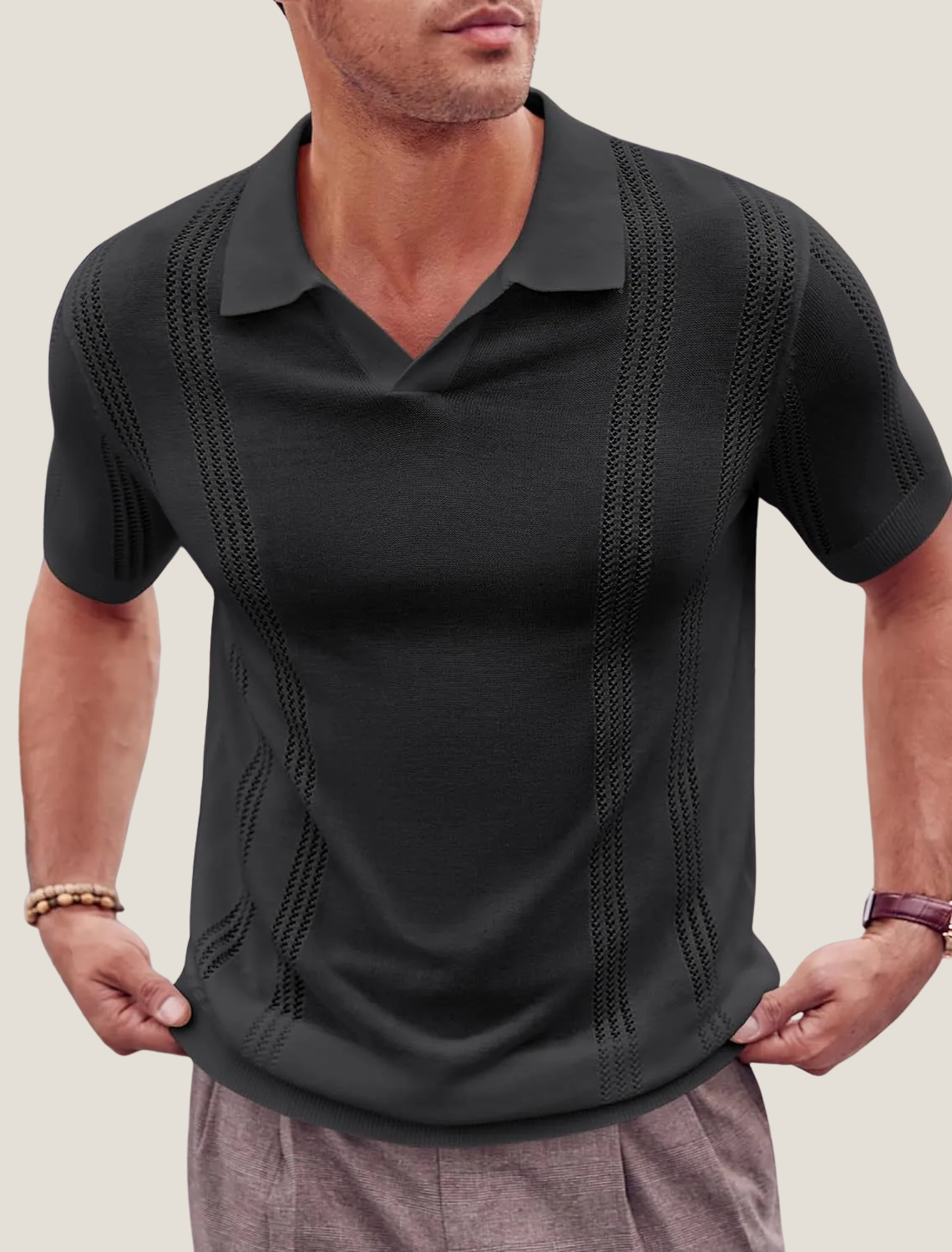 Pull polo en tricot texturé à manches courtes pour hommes
