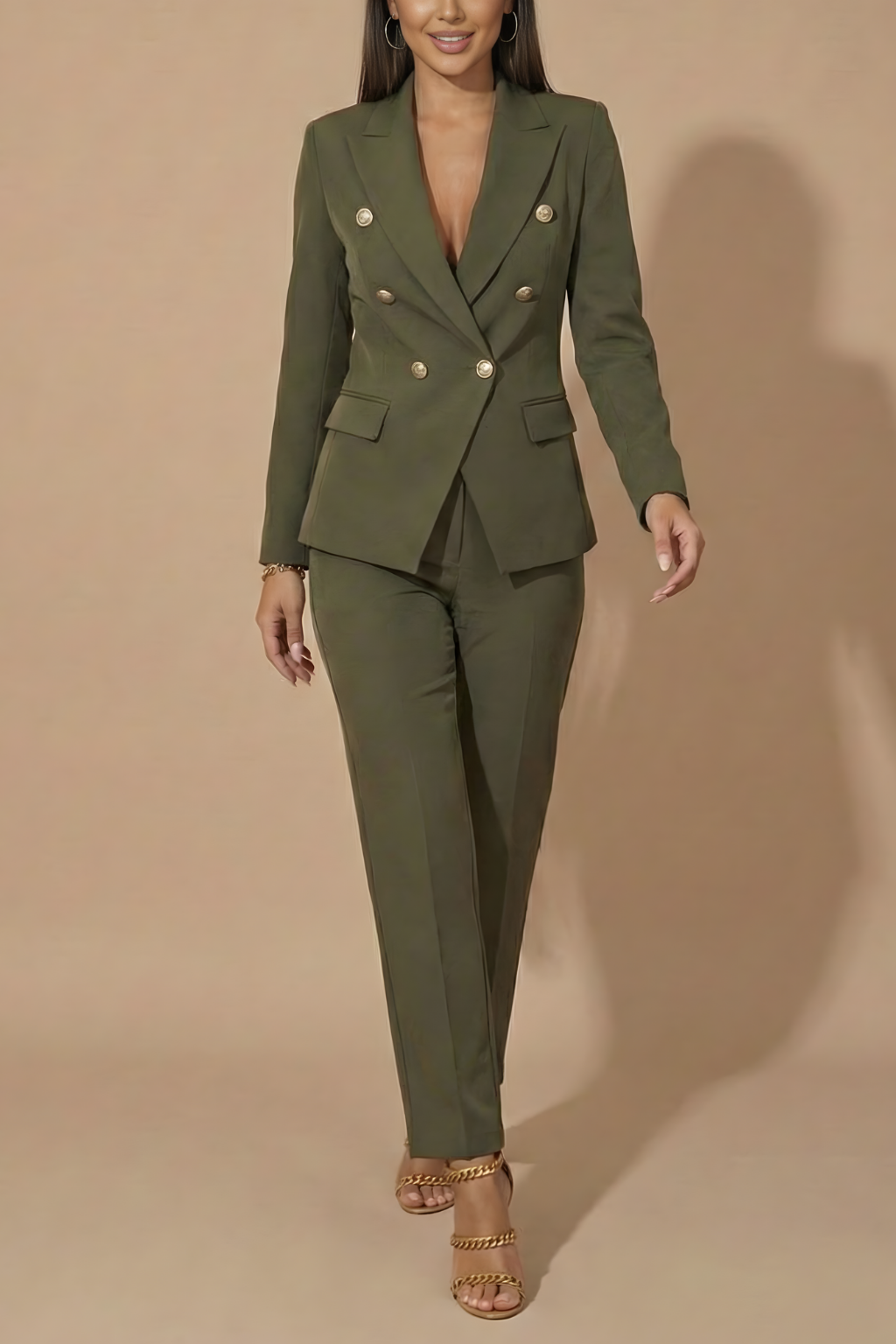 Women’s Two-Piece Suit with Double-Breasted Blazer Jacket and Tailored Pants