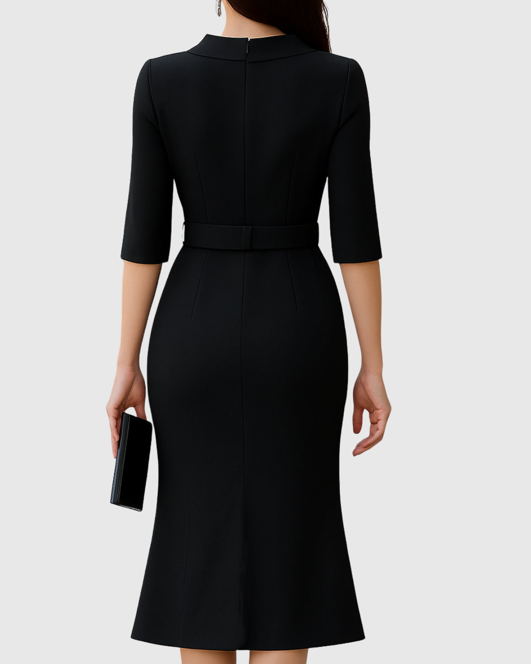 Women’s Three-Quarter Sleeve Midi Dress with Belted Waist and Front Slit