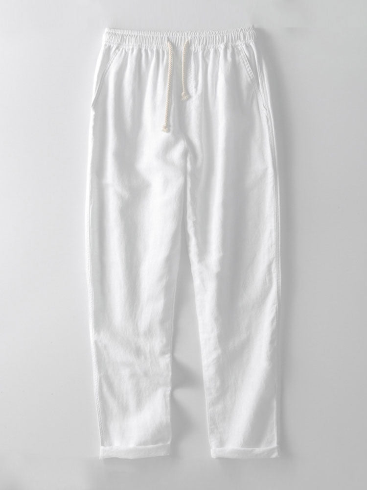 Ensemble en lin pour hommes - Chemise à manches courtes à boutons et pantalons à cordon de serrage