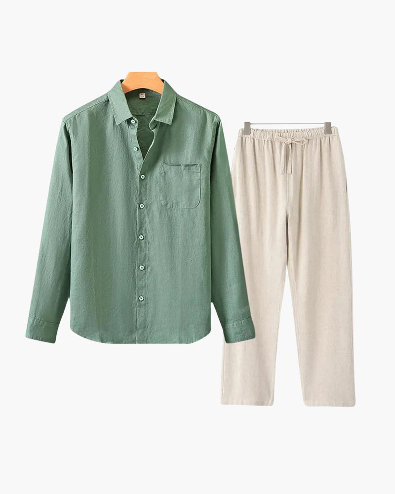 Men’s Two-Piece Linen Set with Long Sleeve Button-Up Shirt and Drawstring Pants