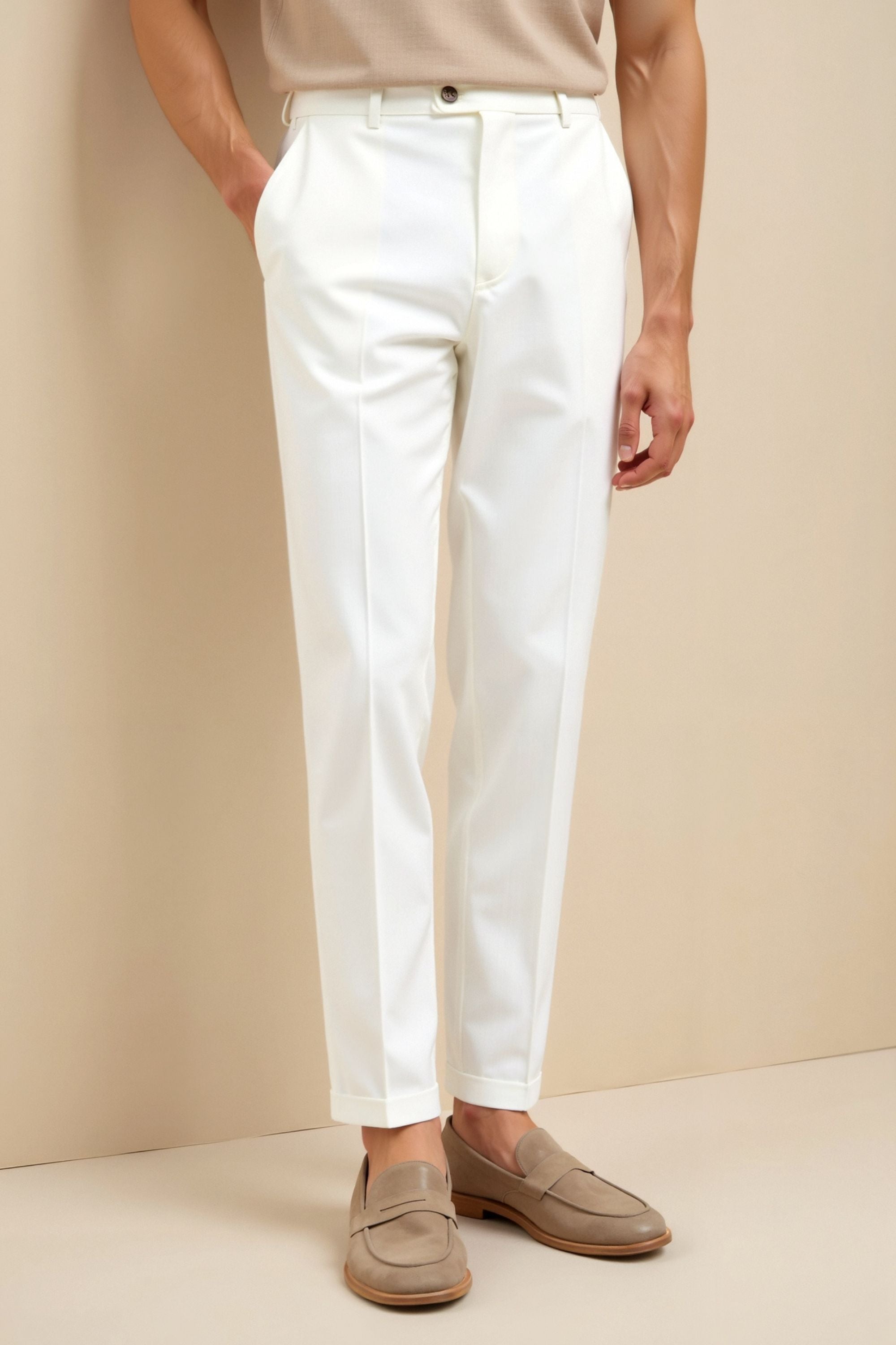 Men’s Slim Fit Tailored Pants in Clean White with Modern Ankle-Length Silhouette and Sharp Waist Definition
