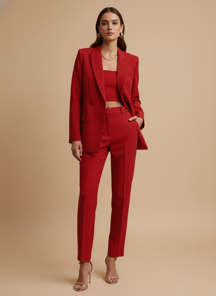 Women’s Single-Breasted Pants Suit with Longline Blazer and Straight-Leg Trousers
