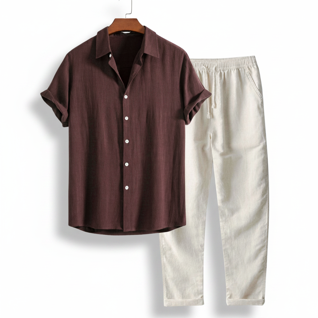 Ensemble en lin pour hommes - Chemise à manches courtes à boutons et pantalons à cordon de serrage
