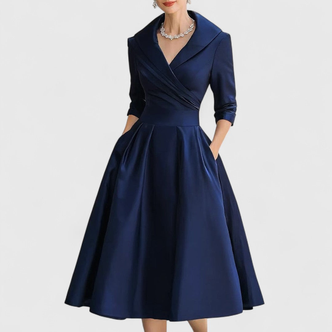 Women’s Elegant Wrap-Style Midi Dress with Pleated Skirt for Formal Occasions