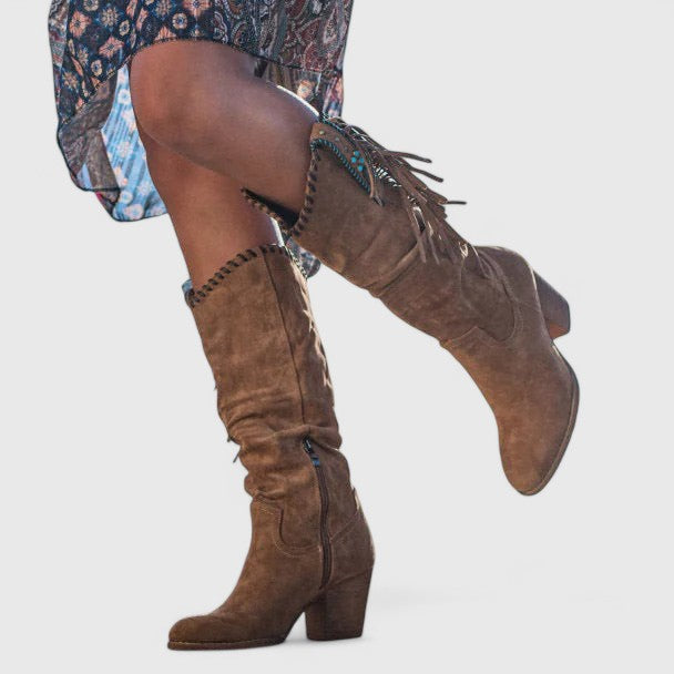 Women's Boots Knee High Fringe Block Heel