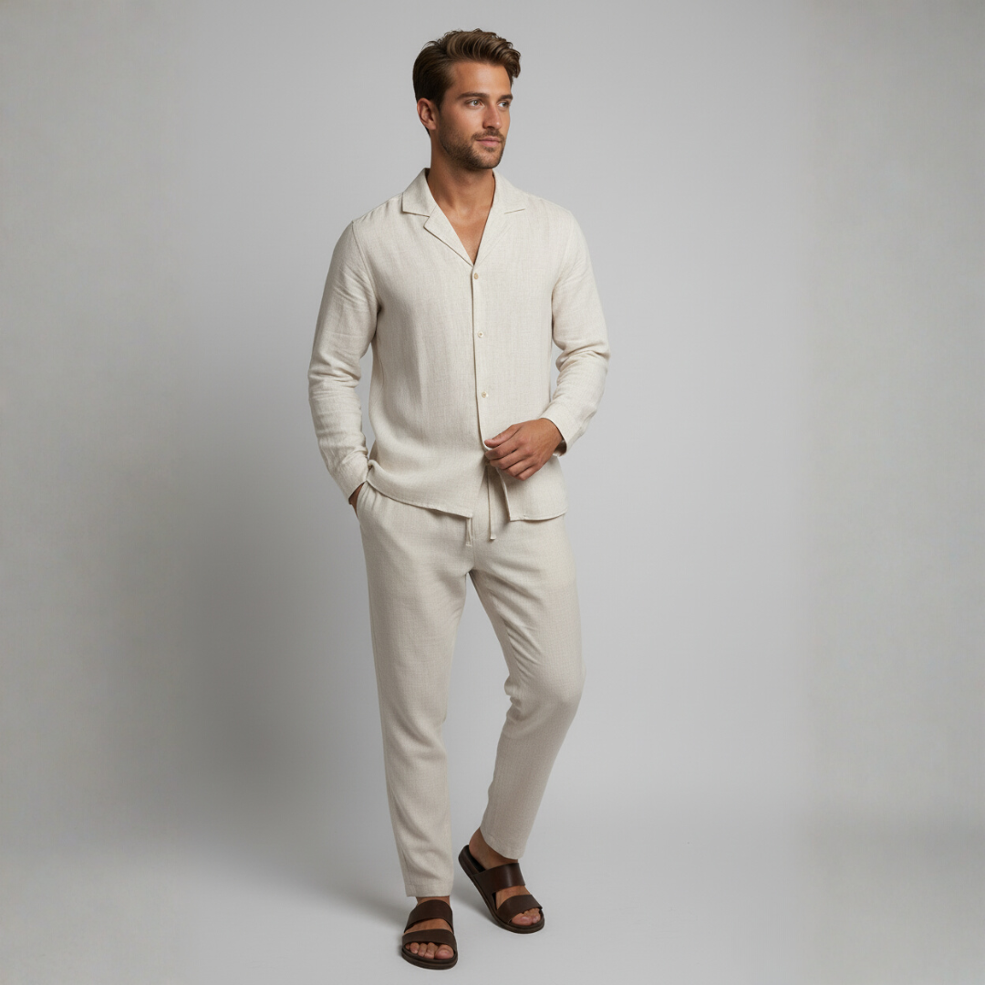 Men’s Refined Linen Summer Two-Piece Set – Relaxed Shirt and Tailored Trousers