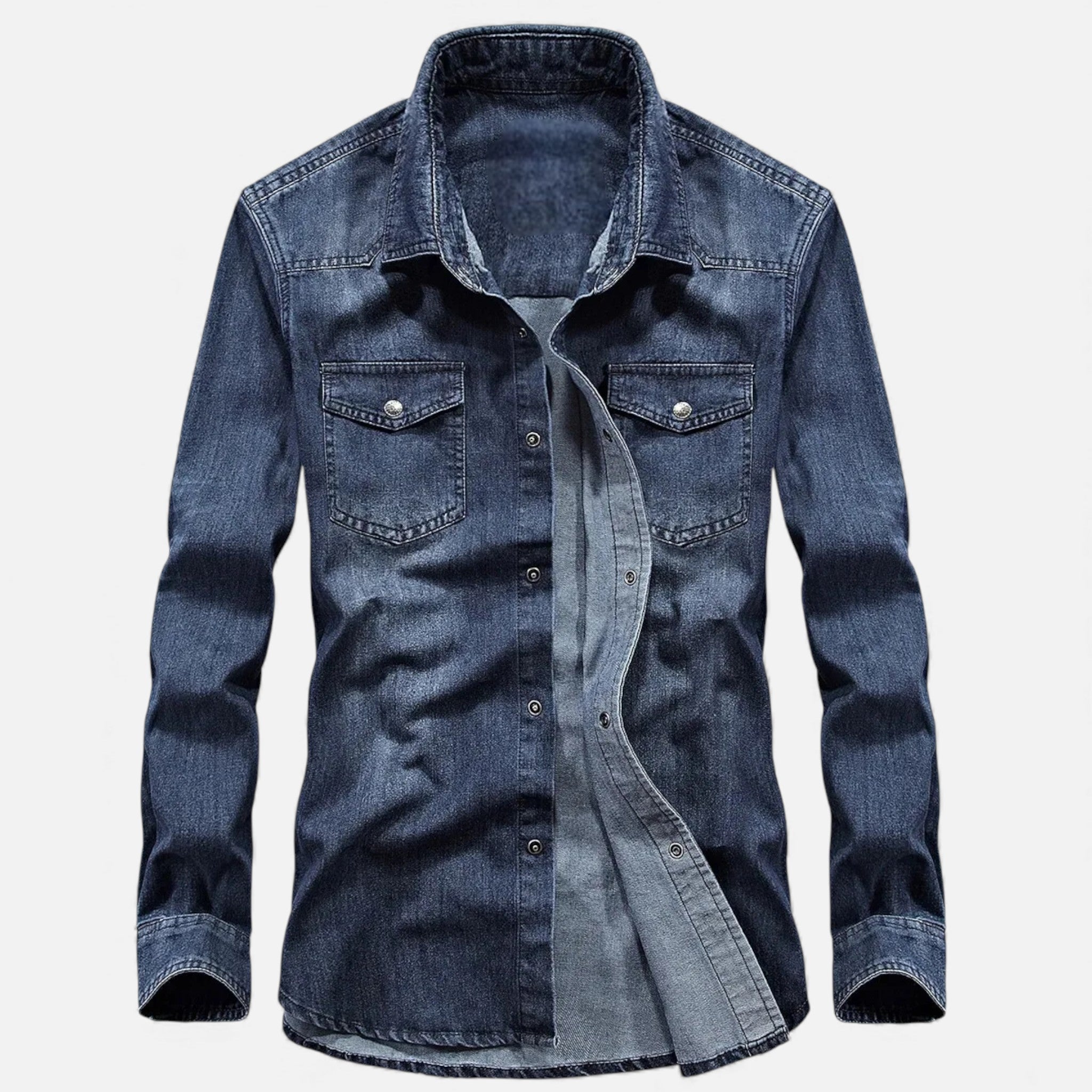 Men’s Long Sleeve Denim Button-Up Shirt with Chest Pockets and Classic Collar