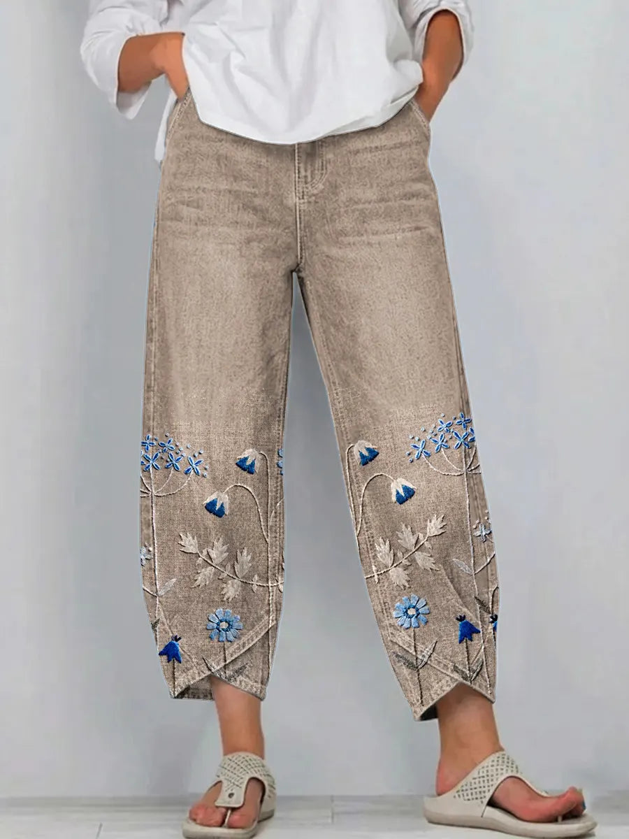 Women's Denim Wide Leg Pants Embroidered
