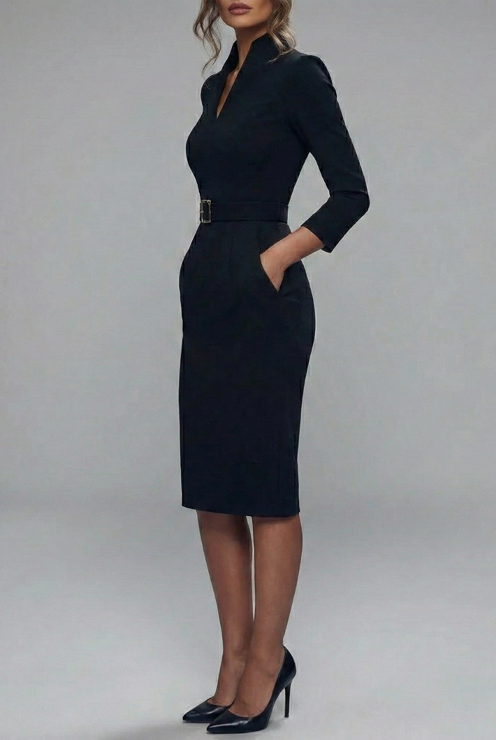 Refined Long Sleeve Midi Dress – Belted Sheath Silhouette for Office and Evening Wear