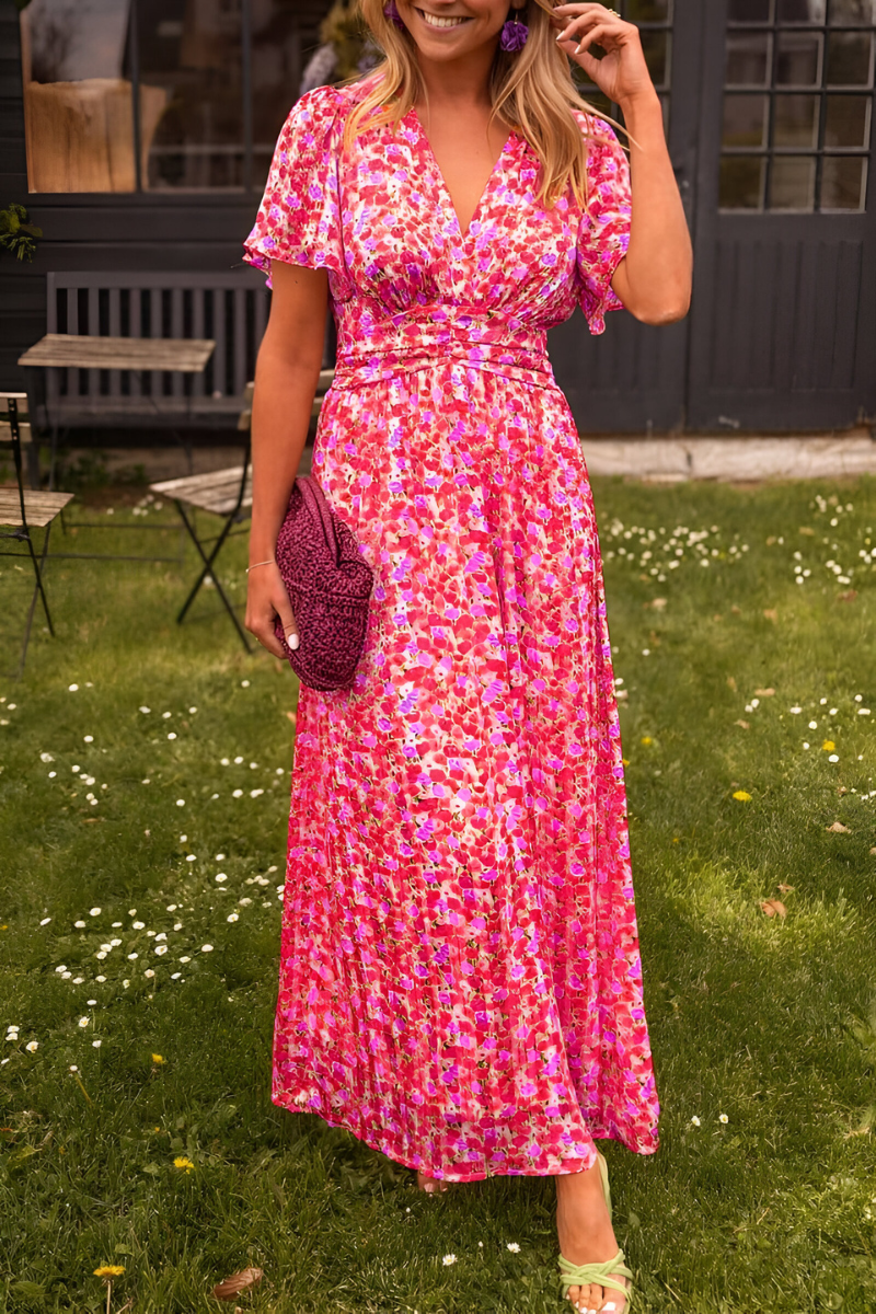 Robe maxi à manches courtes en V avec imprimé floral et taille smockée pour femmes
