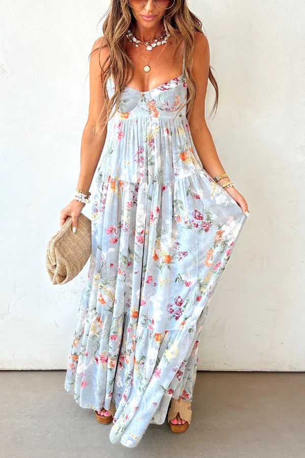 Women's Floral Tiered Maxi Dress Strapless