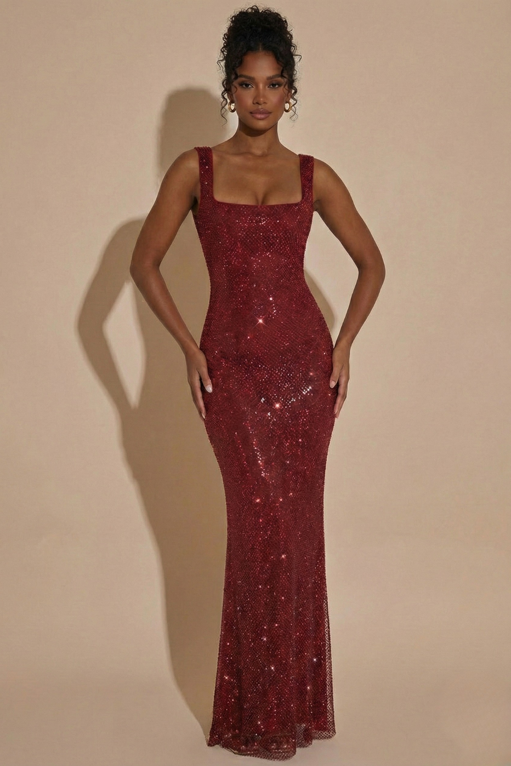 Women’s Sleeveless Maxi Dress with Square Neckline, Open Back, and All-Over Embellishment