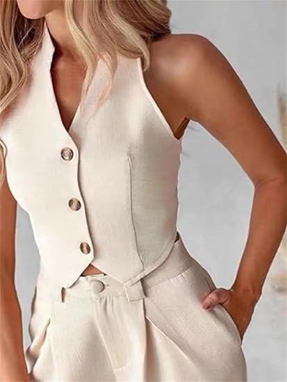 Women's Linen Two Piece Set Sleeveless Button-Front Vest - Wide Leg Pants