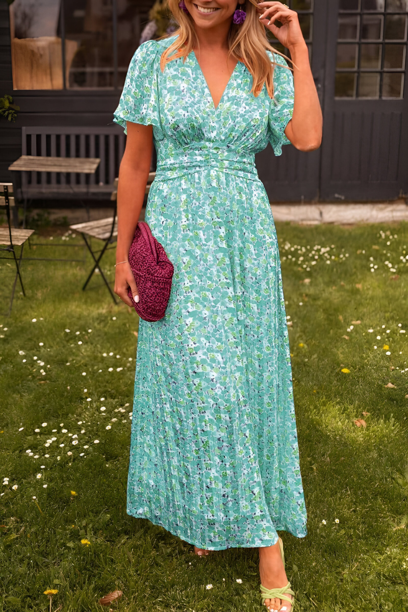 Robe maxi à manches courtes en V avec imprimé floral et taille smockée pour femmes