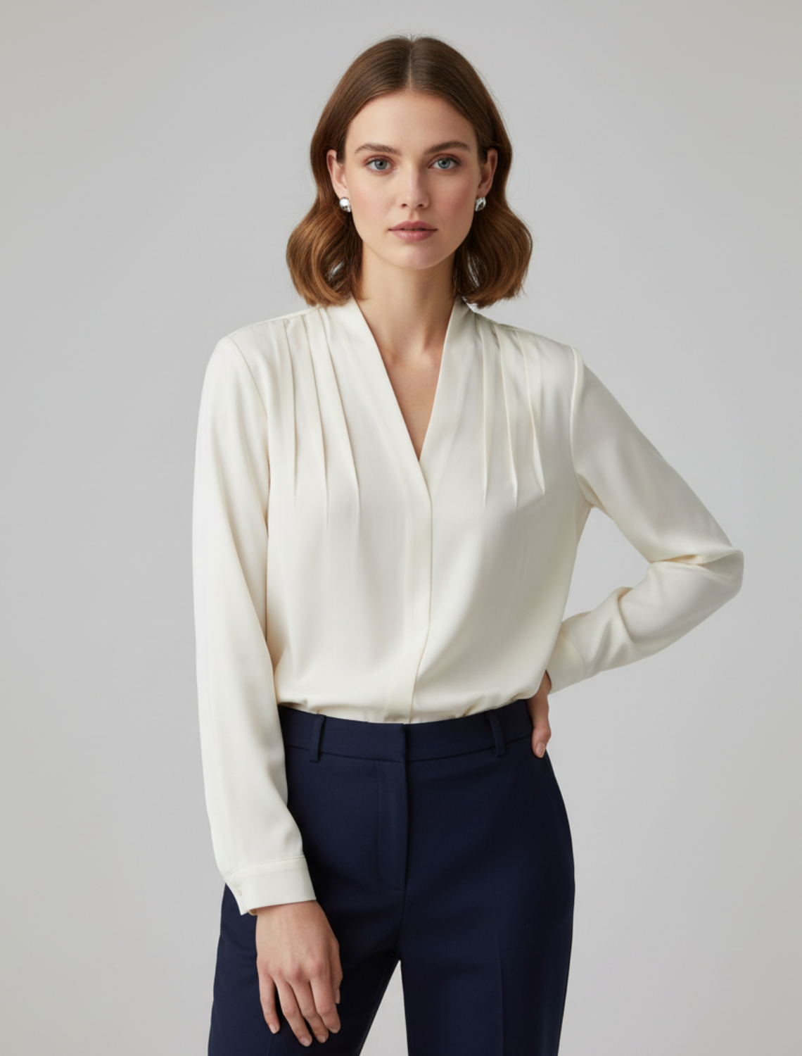 Women’s Long Sleeve Blouse with V-Neckline and Gathered Shoulder Detail
