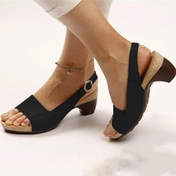Women’s Open-Toe Slingback Sandals with Low Heel and Side Button Detail