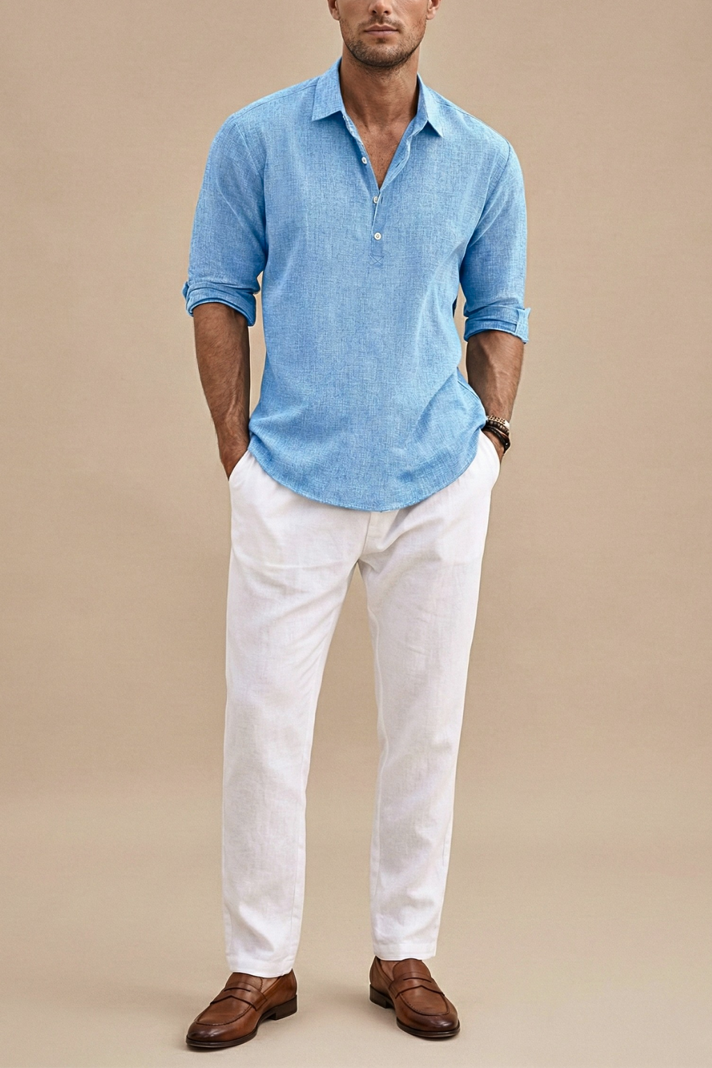 Men’s Long Sleeve Button-Up Shirt with Partial Placket and Spread Collar