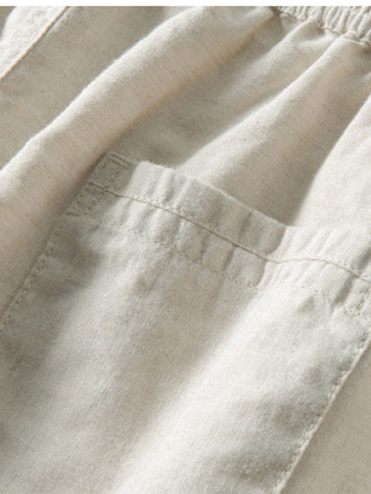 Ensemble en lin pour hommes - Chemise à manches courtes à boutons et pantalons à cordon de serrage