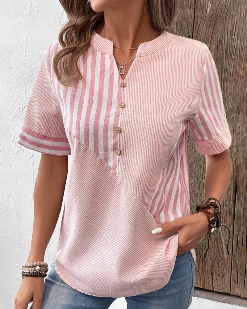 Women’s Relaxed Striped Short Sleeve Blouse with Button Detail