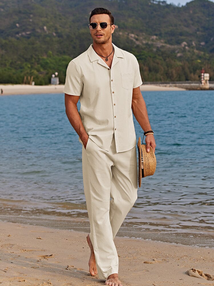 Men’s Short Sleeve Button-Up Shirt and Pants Two-Piece Linen Set