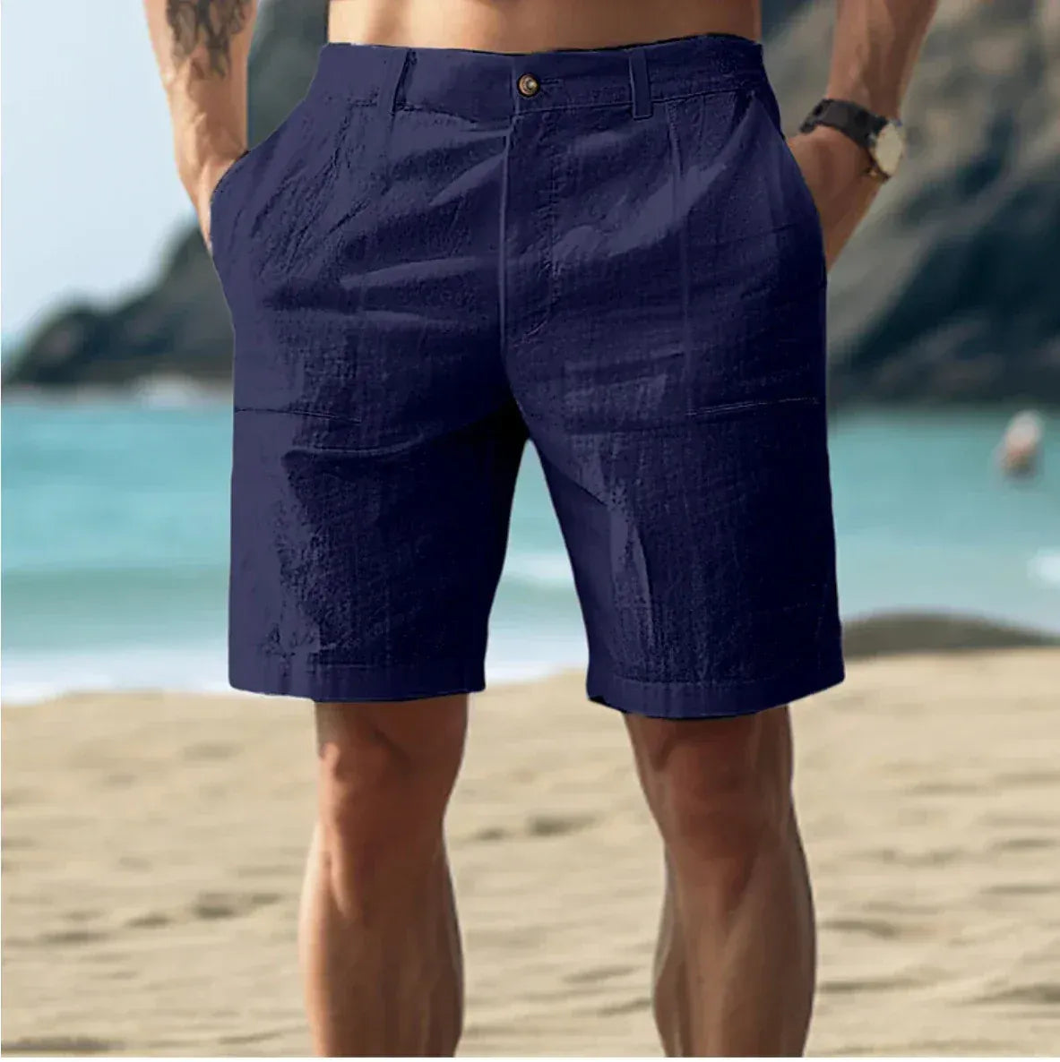 Shorts en lin à cordon à coupe relaxée et longueur genou pour hommes