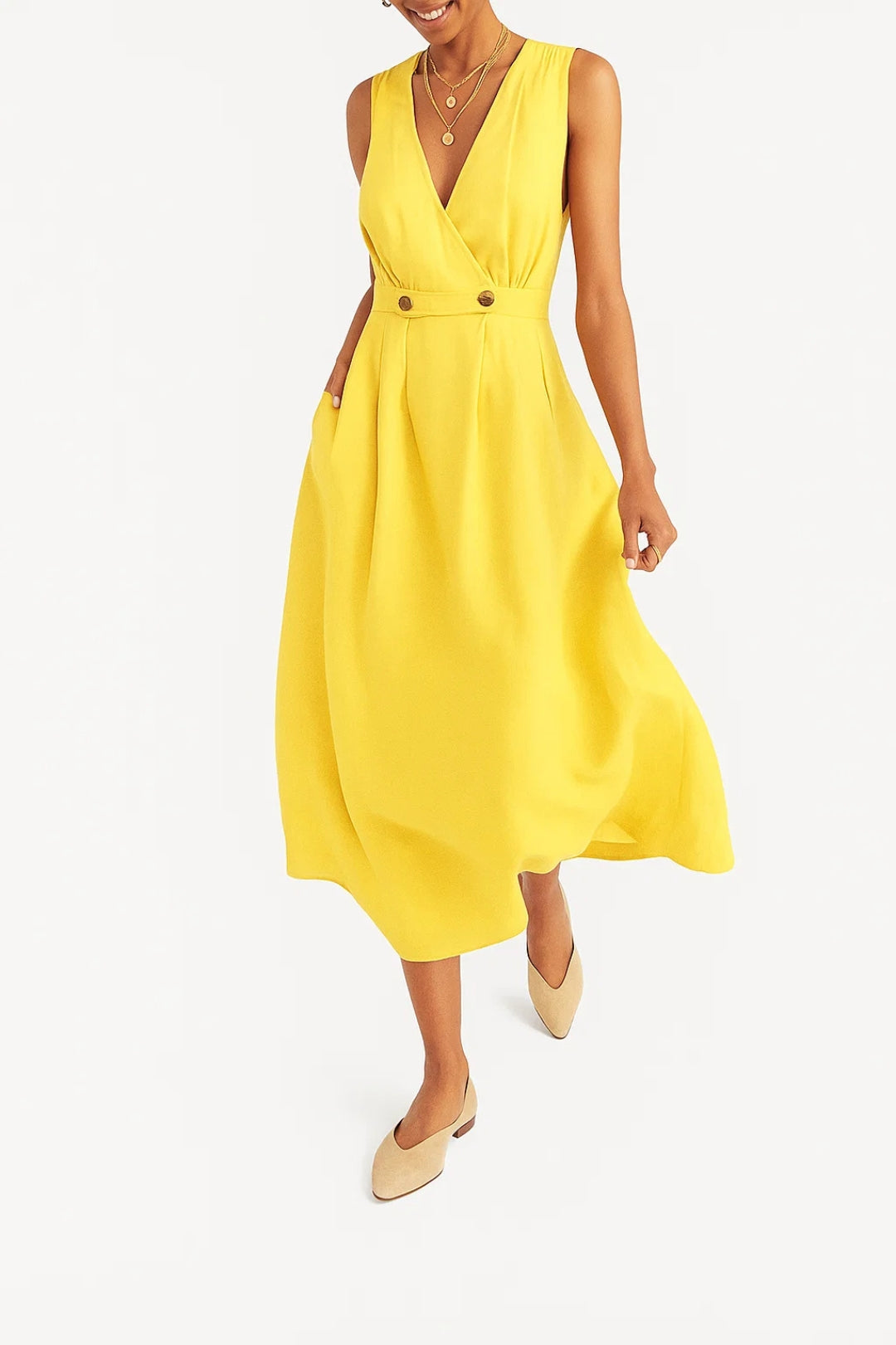 Women’s Sleeveless Midi Dress with Wrap V-Neck and Flared Skirt