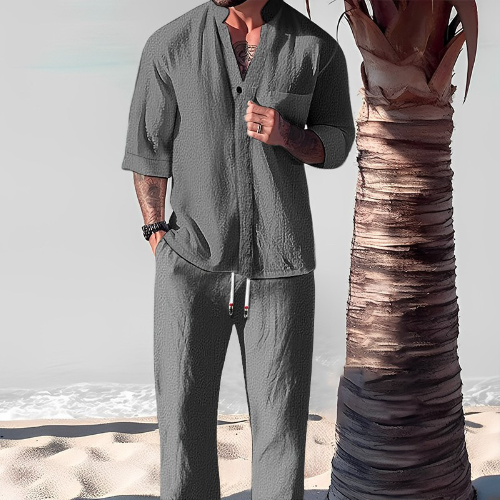 Men's Linen Two Piece Set Short Sleeve Shirt Relaxed Pants