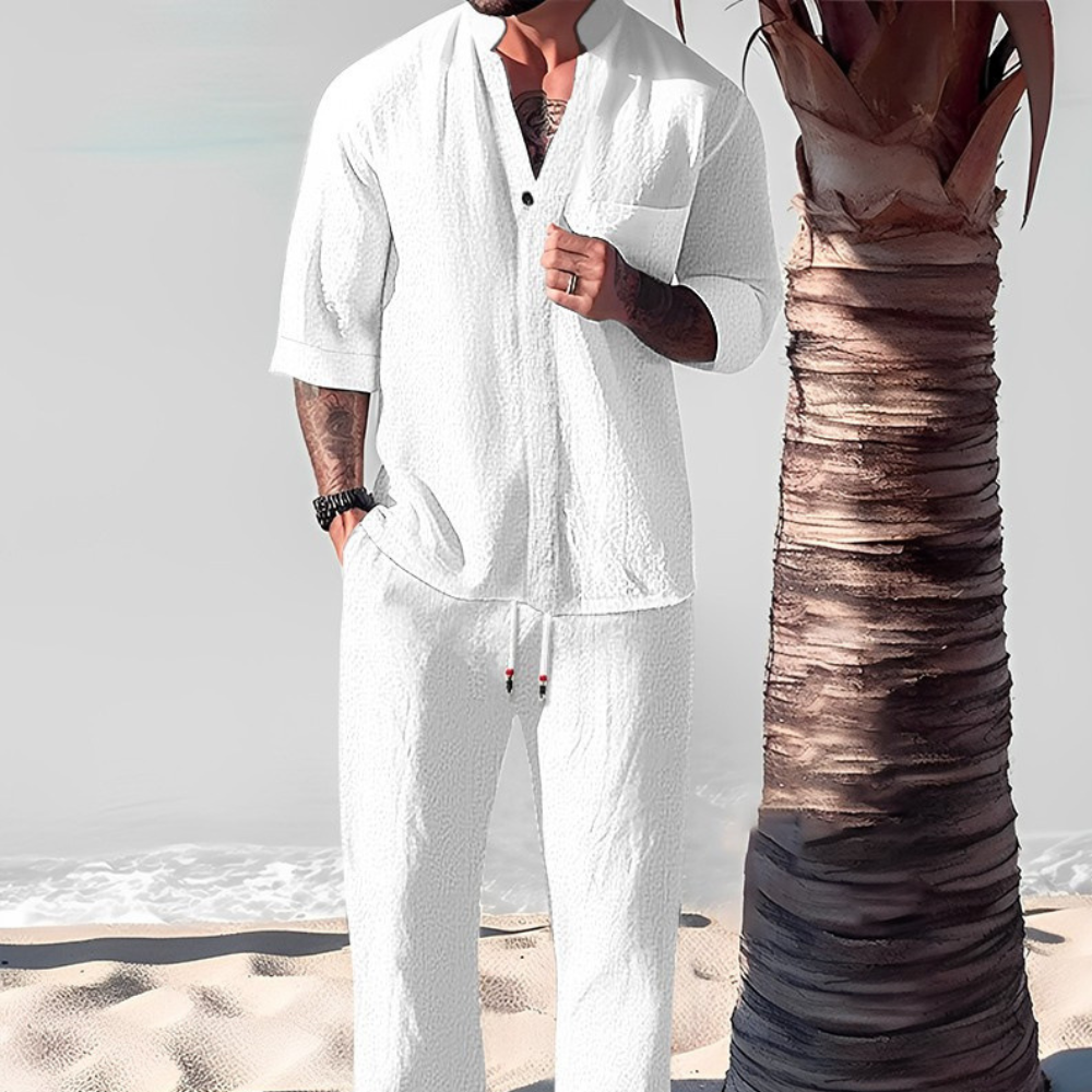Men's Linen Two Piece Set Short Sleeve Shirt Relaxed Pants