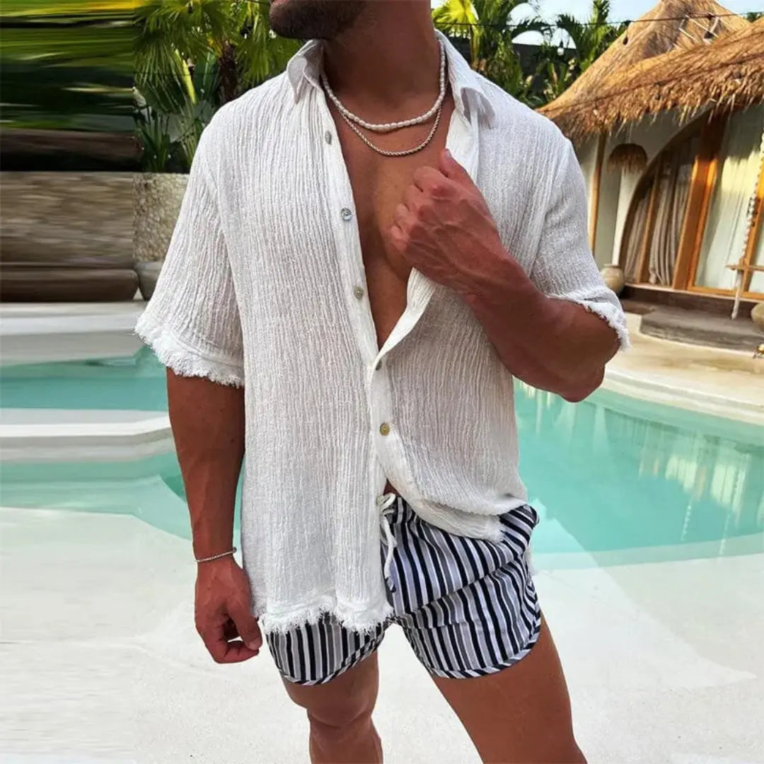 Men's Short Sleeve Button-Front Shirt with Frayed Hem