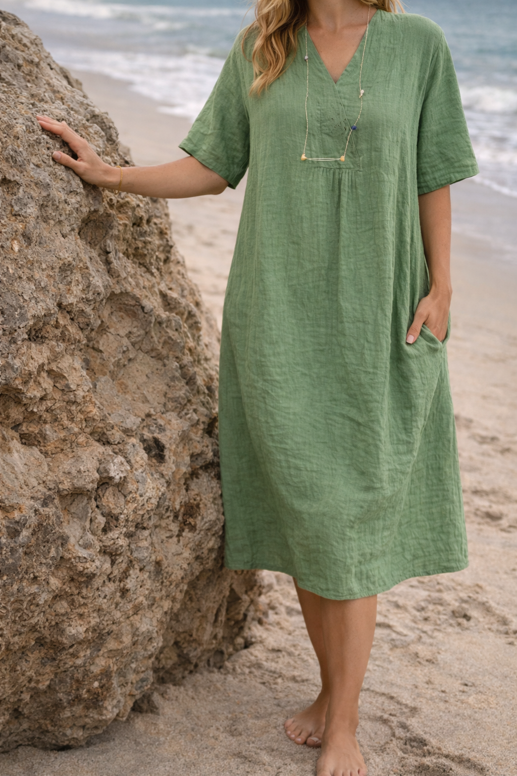 Robe midi en lin à col en V et manches courtes avec poches pour femmes