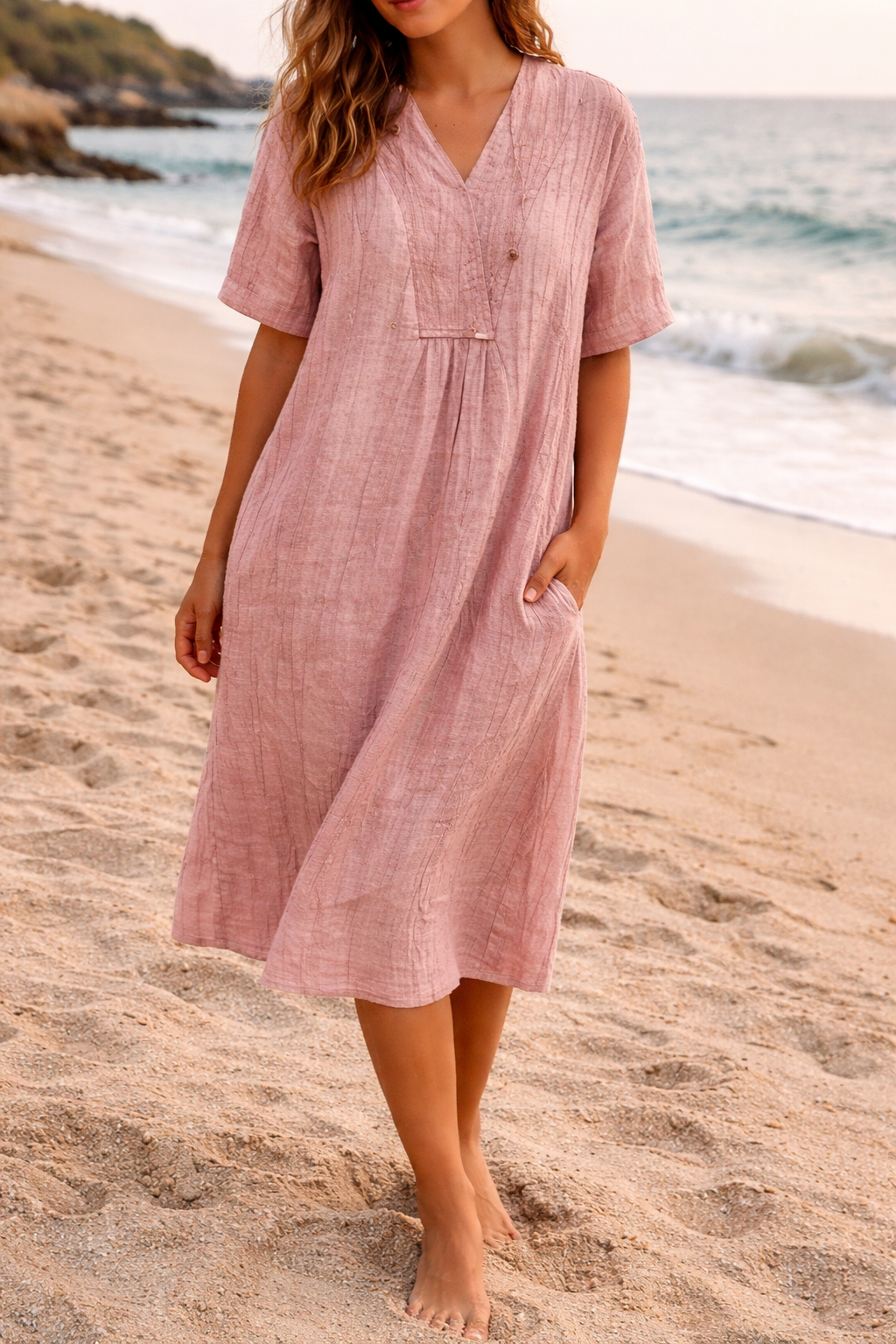 Robe midi en lin à col en V et manches courtes avec poches pour femmes