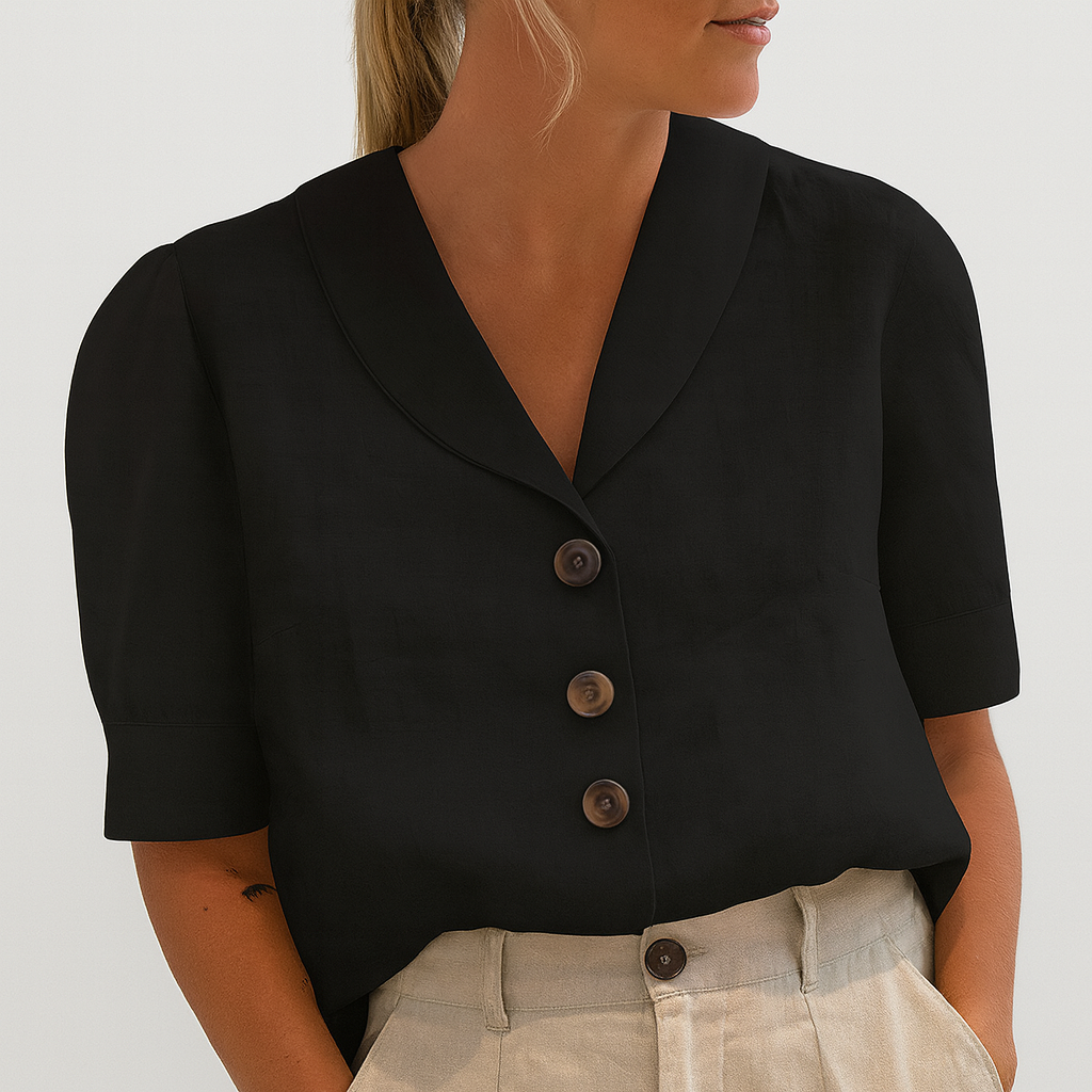 Women’s Short Sleeve Button-Up Blouse with V-Neck Collar