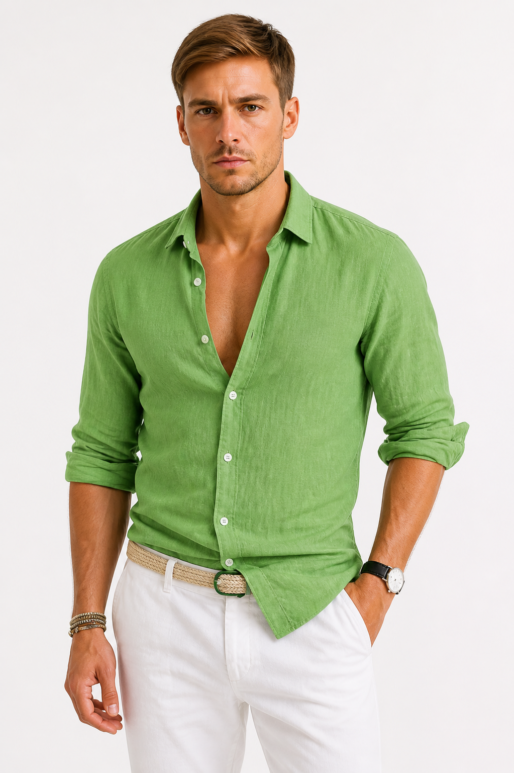 Men's Linen Button-Down Shirt - Long Sleeve - Spread Collar
