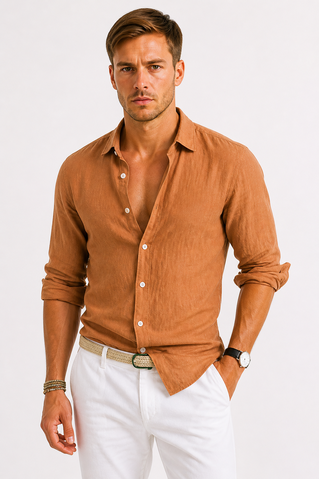 Men's Linen Button-Down Shirt - Long Sleeve - Spread Collar