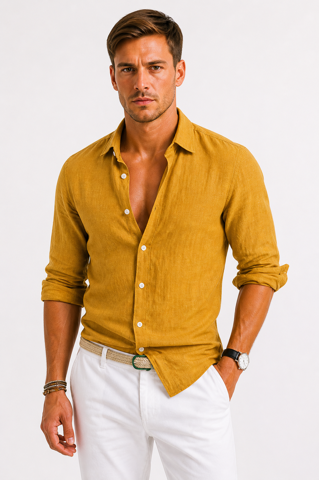 Men's Linen Button-Down Shirt - Long Sleeve - Spread Collar