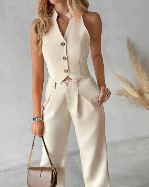 Women's Linen Two Piece Set Sleeveless Button-Front Vest - Wide Leg Pants