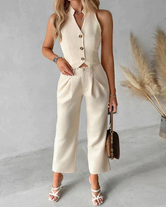 Women's Linen Two Piece Set Sleeveless Button-Front Vest - Wide Leg Pants