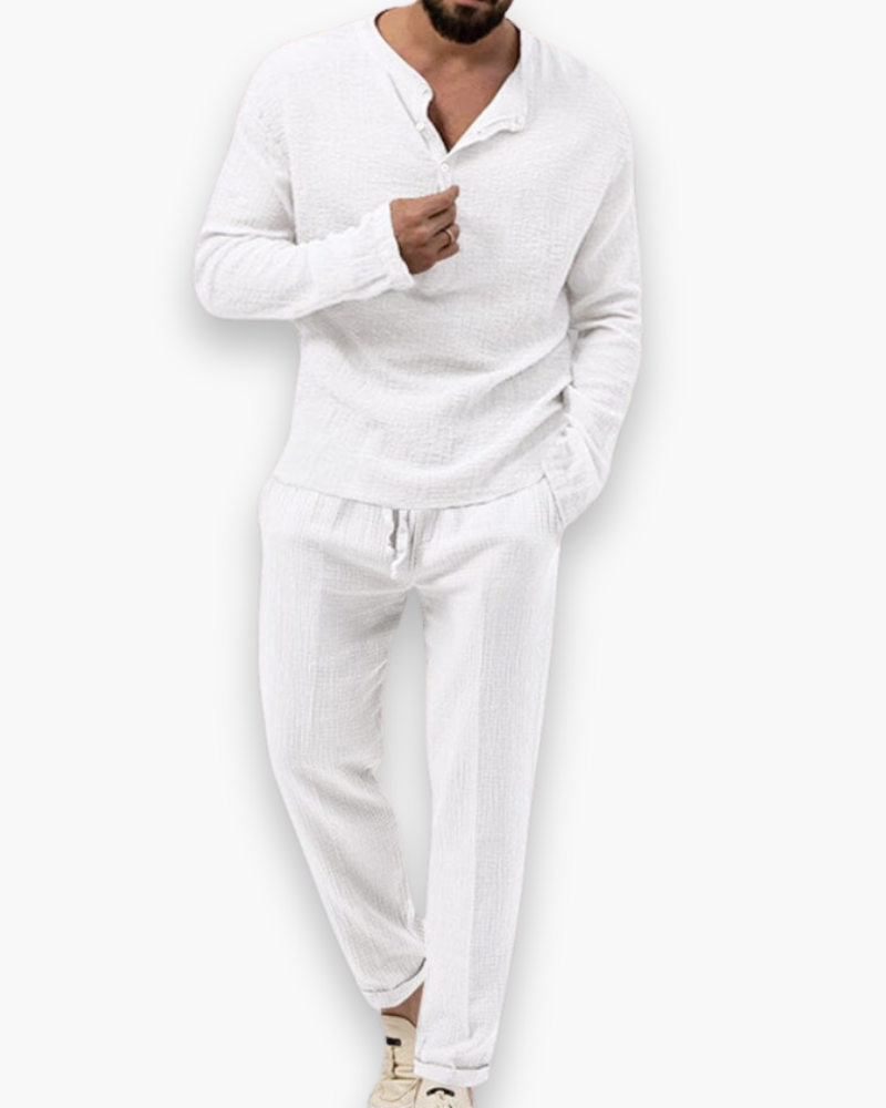 Men's Henley Two Piece Set - Long Sleeve Top - Drawstring Pants