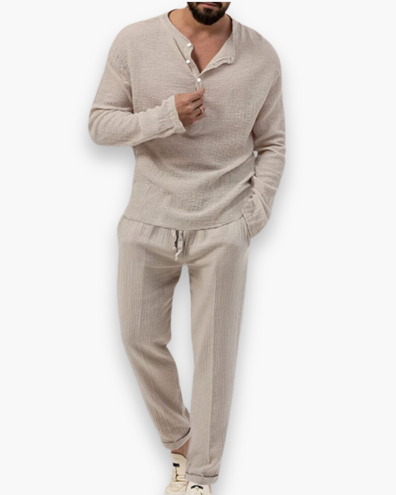 Men's Henley Two Piece Set - Long Sleeve Top - Drawstring Pants
