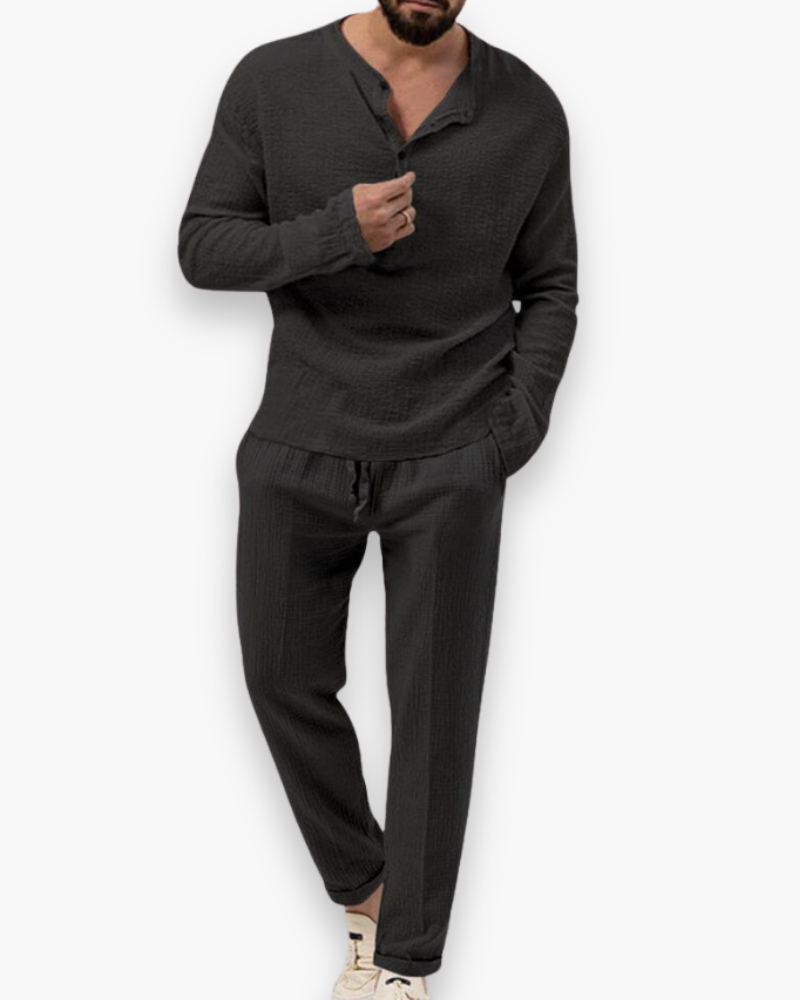 Men's Henley Two Piece Set - Long Sleeve Top - Drawstring Pants