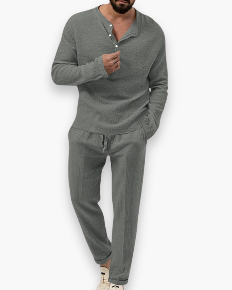Men's Henley Two Piece Set - Long Sleeve Top - Drawstring Pants
