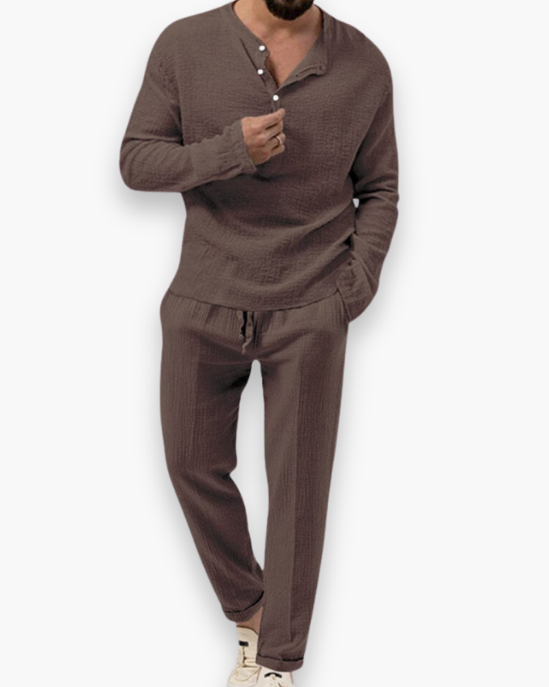 Men's Henley Two Piece Set - Long Sleeve Top - Drawstring Pants